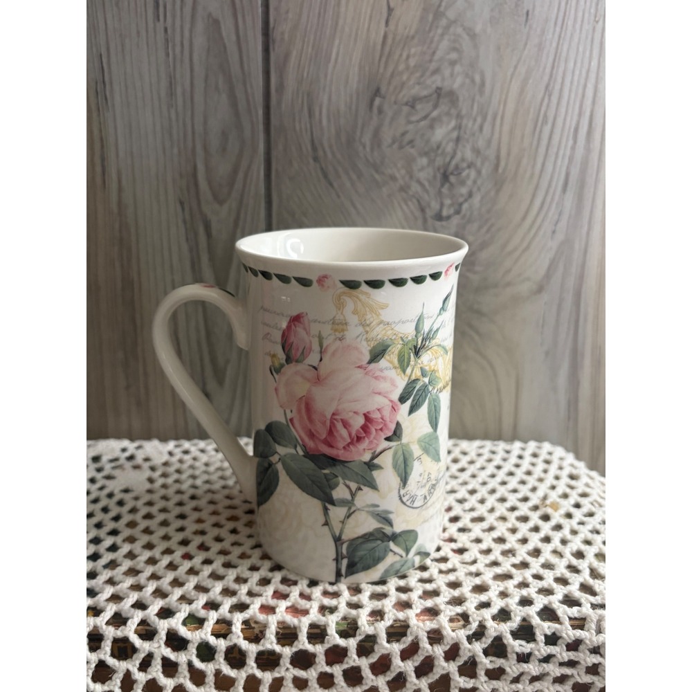 Kent Pottery Floral Rose Botanical Coffee Mug Pink Yellow Vintage Script 5 Inch